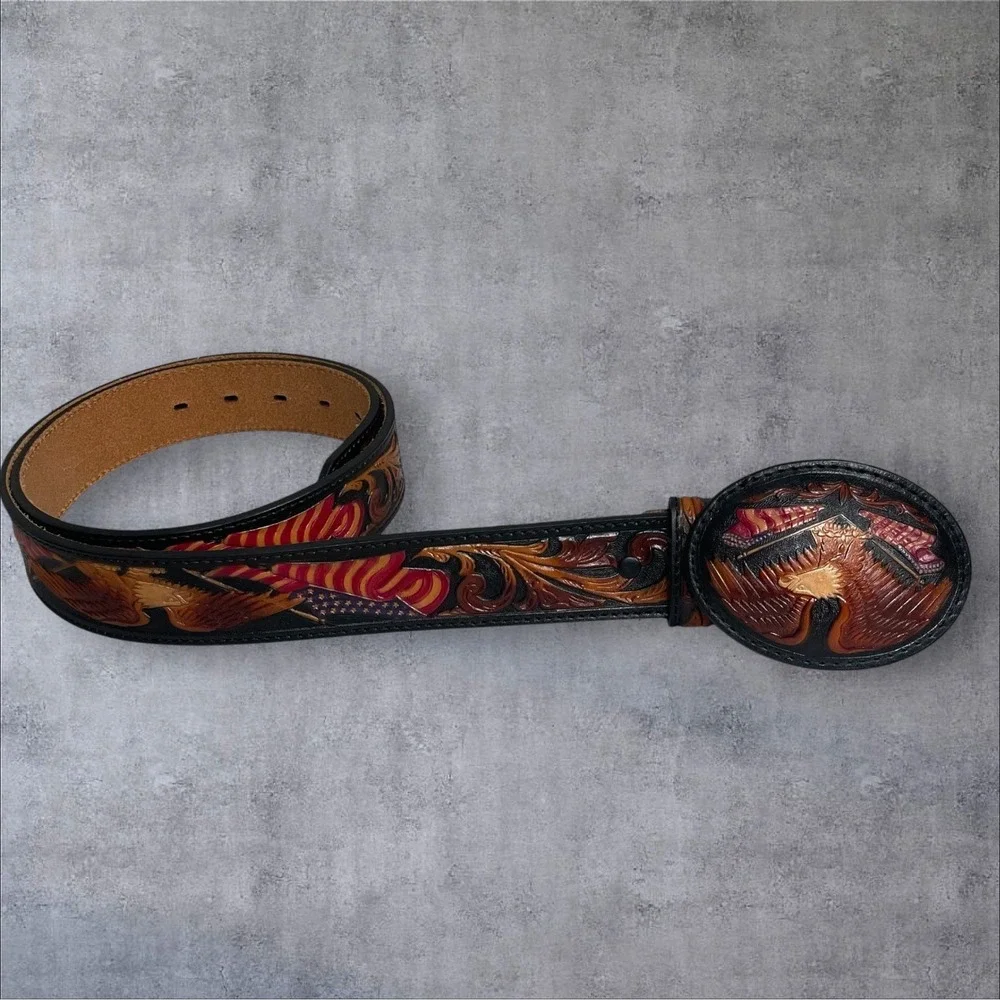 Tony Lama American Heritage Leather Tooled Belt And Buckle Mens 40 Eagle Flag